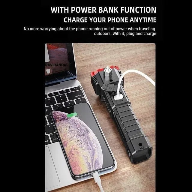 8-in-1 Multifunctional Safety Hammer LED Torch – Rechargeable Flashlight with Window Glass Breaker, Seatbelt Cutter & Built-in Power Bank - Salemela.in