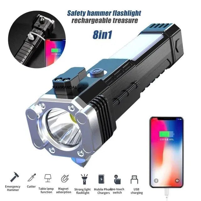 8-in-1 Multifunctional Safety Hammer LED Torch – Rechargeable Flashlight with Window Glass Breaker, Seatbelt Cutter & Built-in Power Bank - Salemela.in