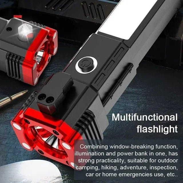 8-in-1 Multifunctional Safety Hammer LED Torch – Rechargeable Flashlight with Window Glass Breaker, Seatbelt Cutter & Built-in Power Bank - Salemela.in