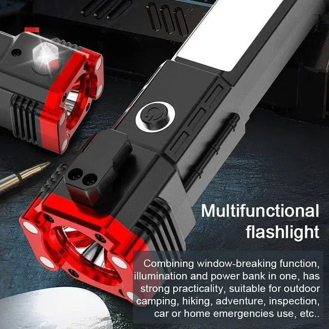 8-in-1 Multifunctional Safety Hammer LED Torch – Rechargeable Flashlight with Window Glass Breaker, Seatbelt Cutter & Built-in Power Bank