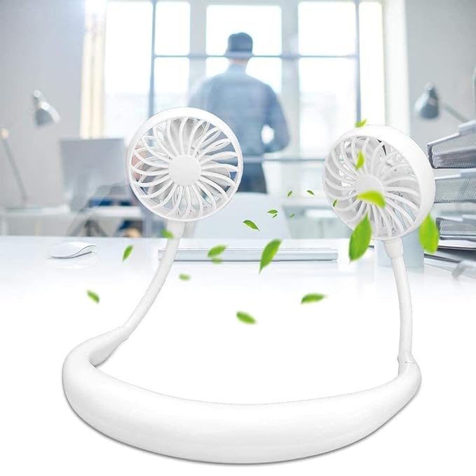 Premium Portable Neckband Fan with LED Light | Hands-Free USB Rechargeable Wearable Neck Fan for Travel, Sports & Outdoor (White) - Salemela.in